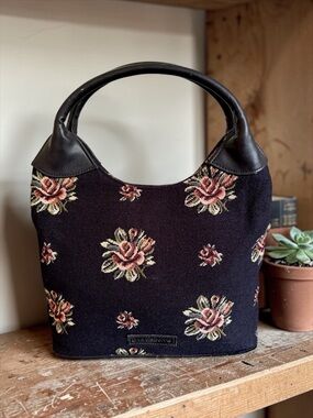Liz Claiborne Black Floral Tapestry Shoulder Bag with Pink Roses